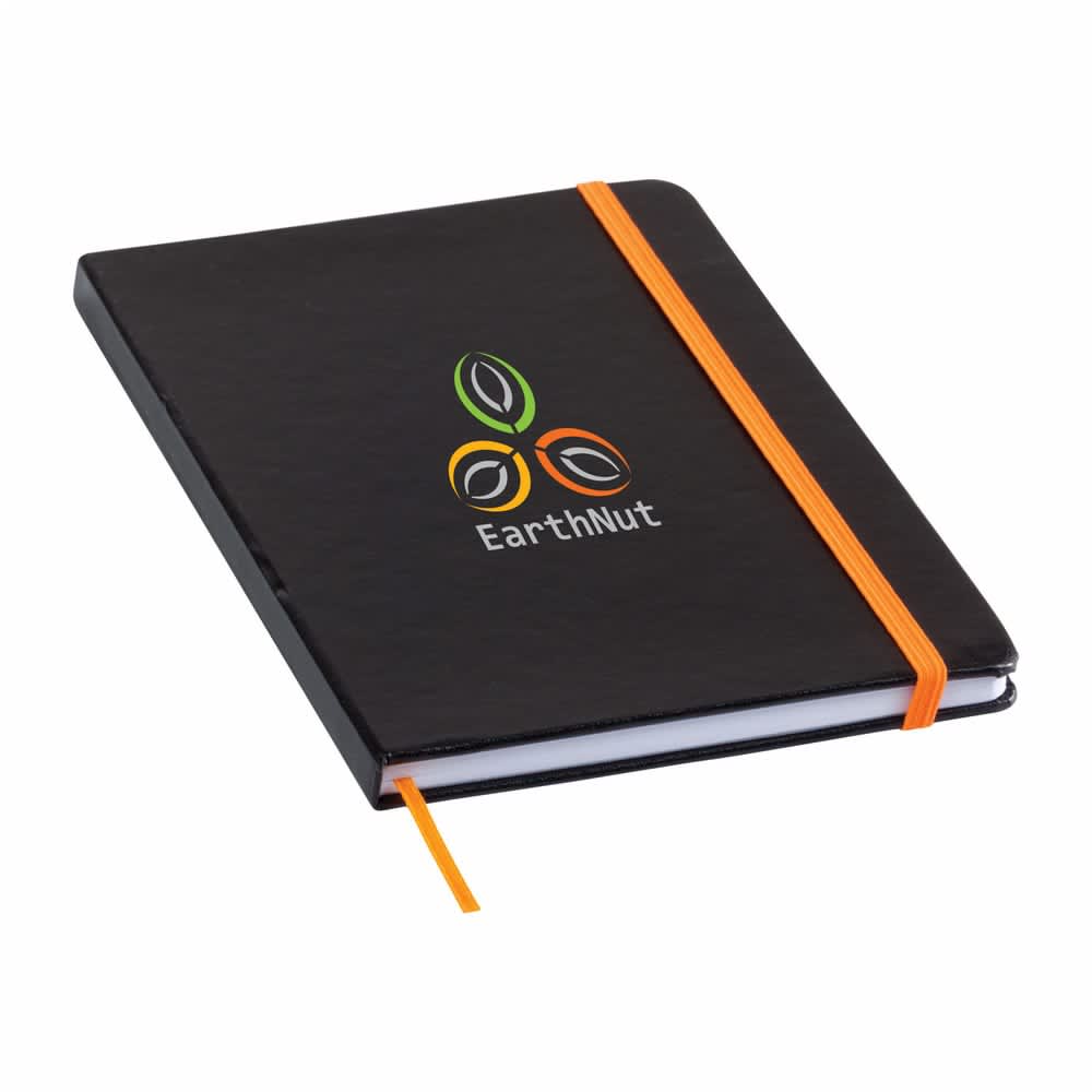 A black Chesterfield notebook with an orange elastic band and a logo on the cover.