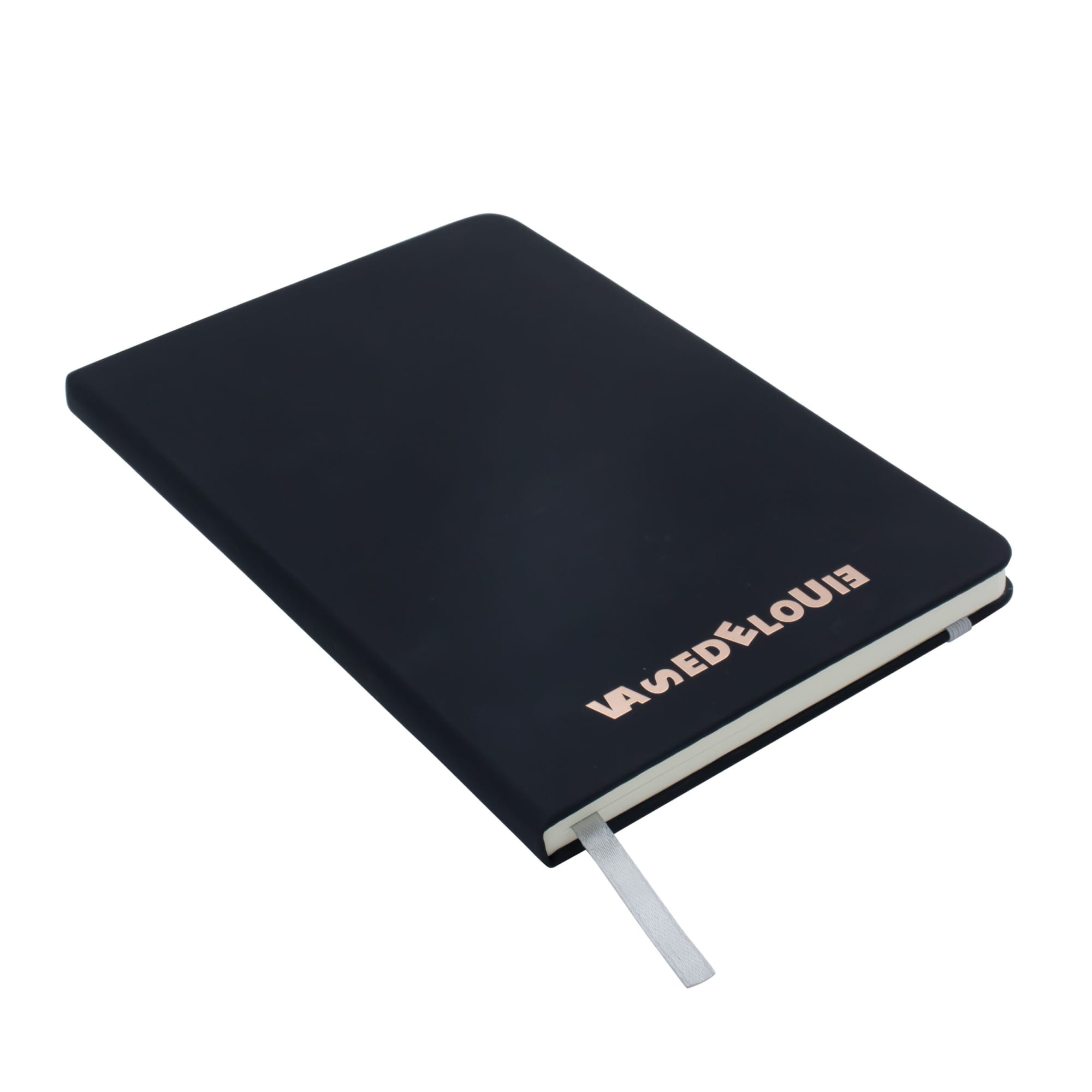 A black notebook with a smooth cover and a ribbon bookmark, featuring a logo on the front.