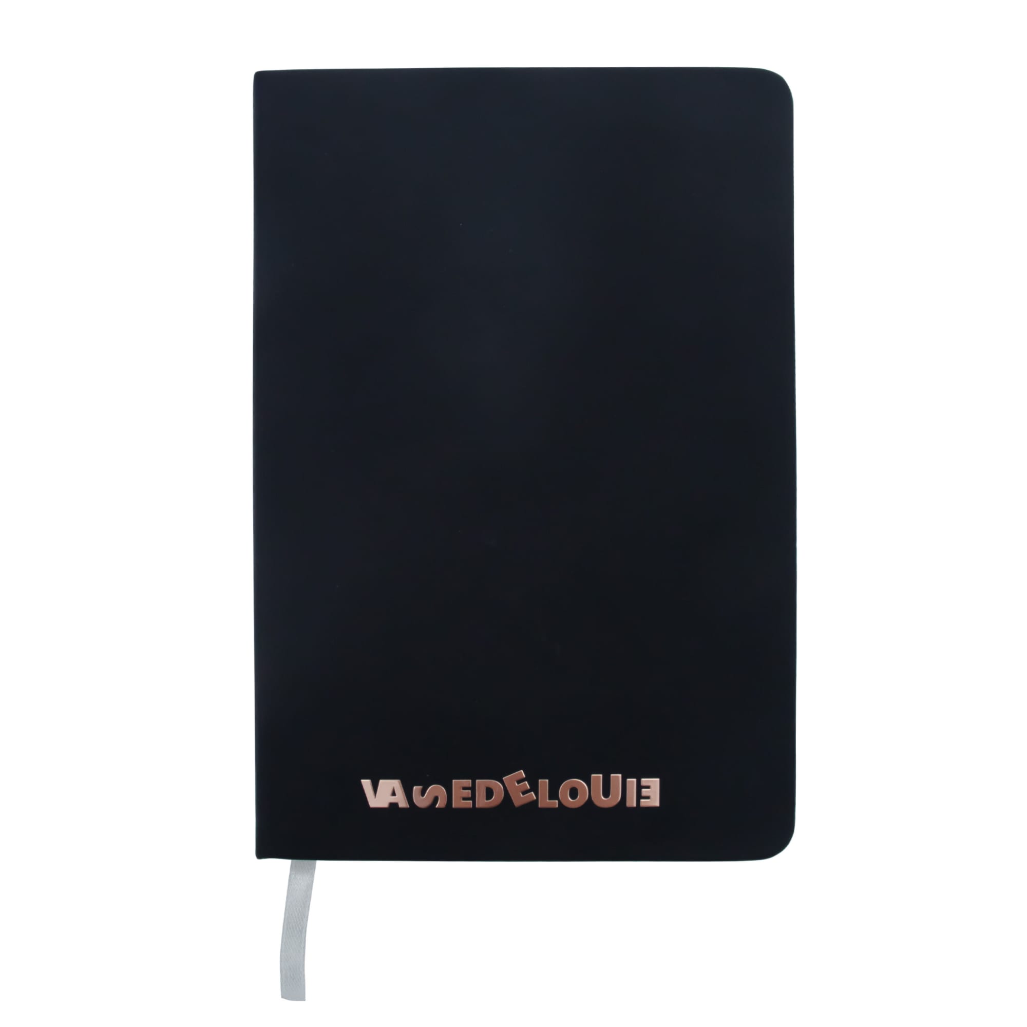 A black Chesterfield notebook with a ribbon bookmark and a metallic logo on the cover.