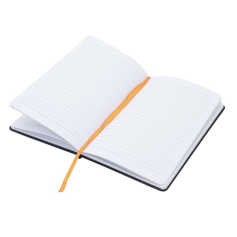An open Chesterfield notebook featuring lined pages and a vibrant orange bookmark, encased in a black cover.