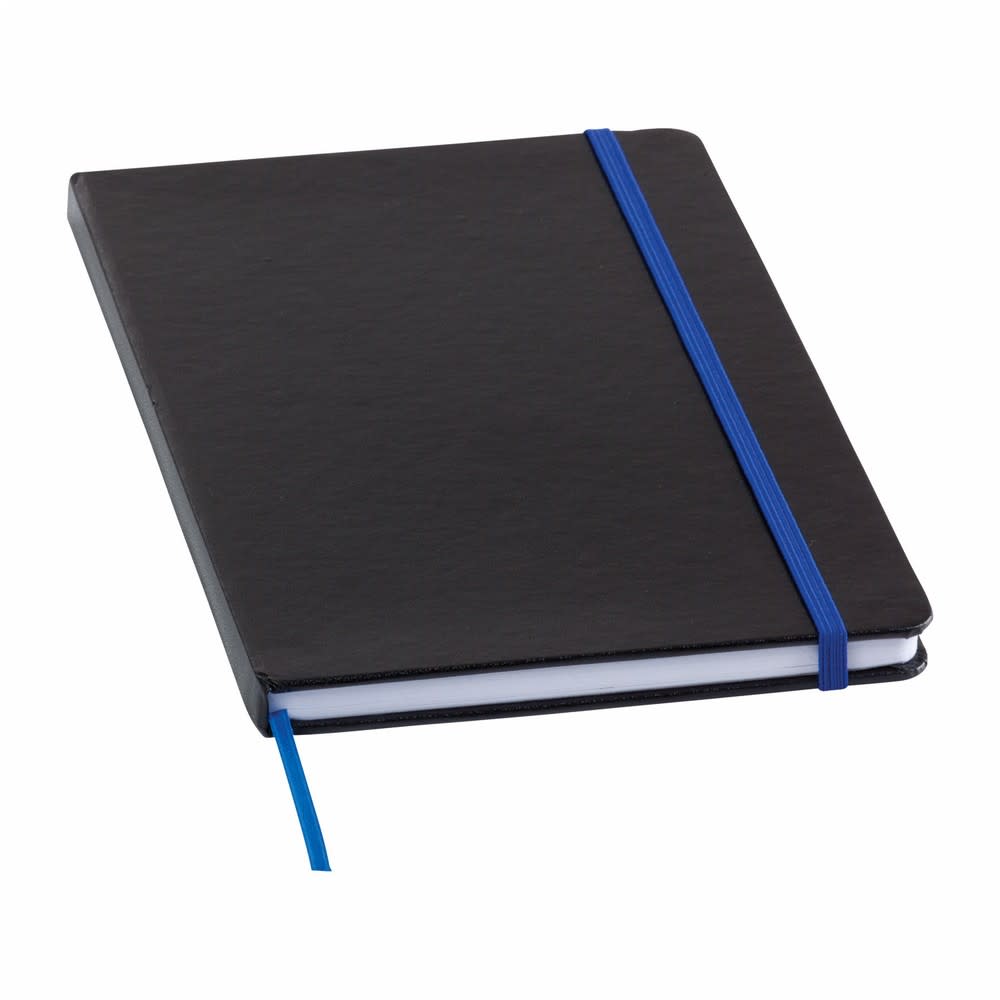 A black Chesterfield notebook featuring a blue elastic band and ribbon bookmark. It has a sleek, minimalist design.