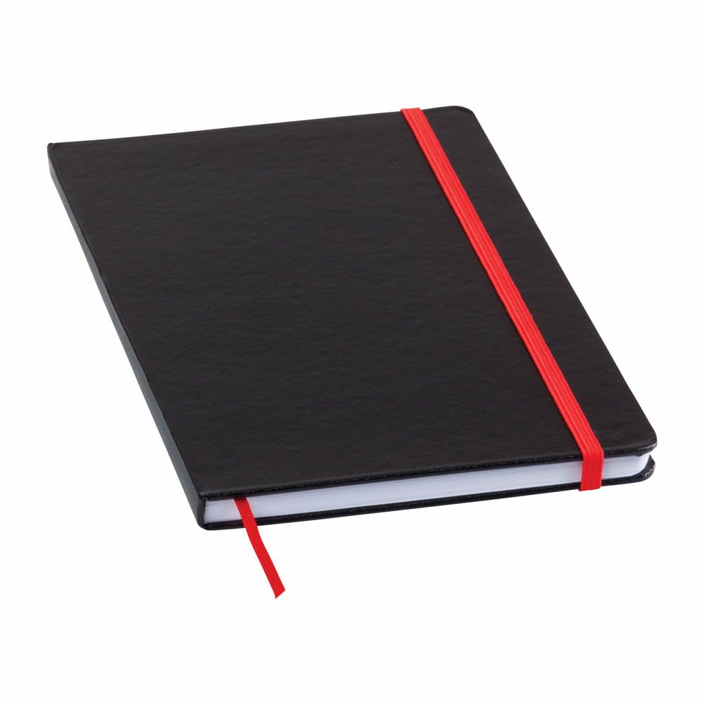 A black Chesterfield notebook with a red elastic band and ribbon bookmark. It has a simple, sleek design.
