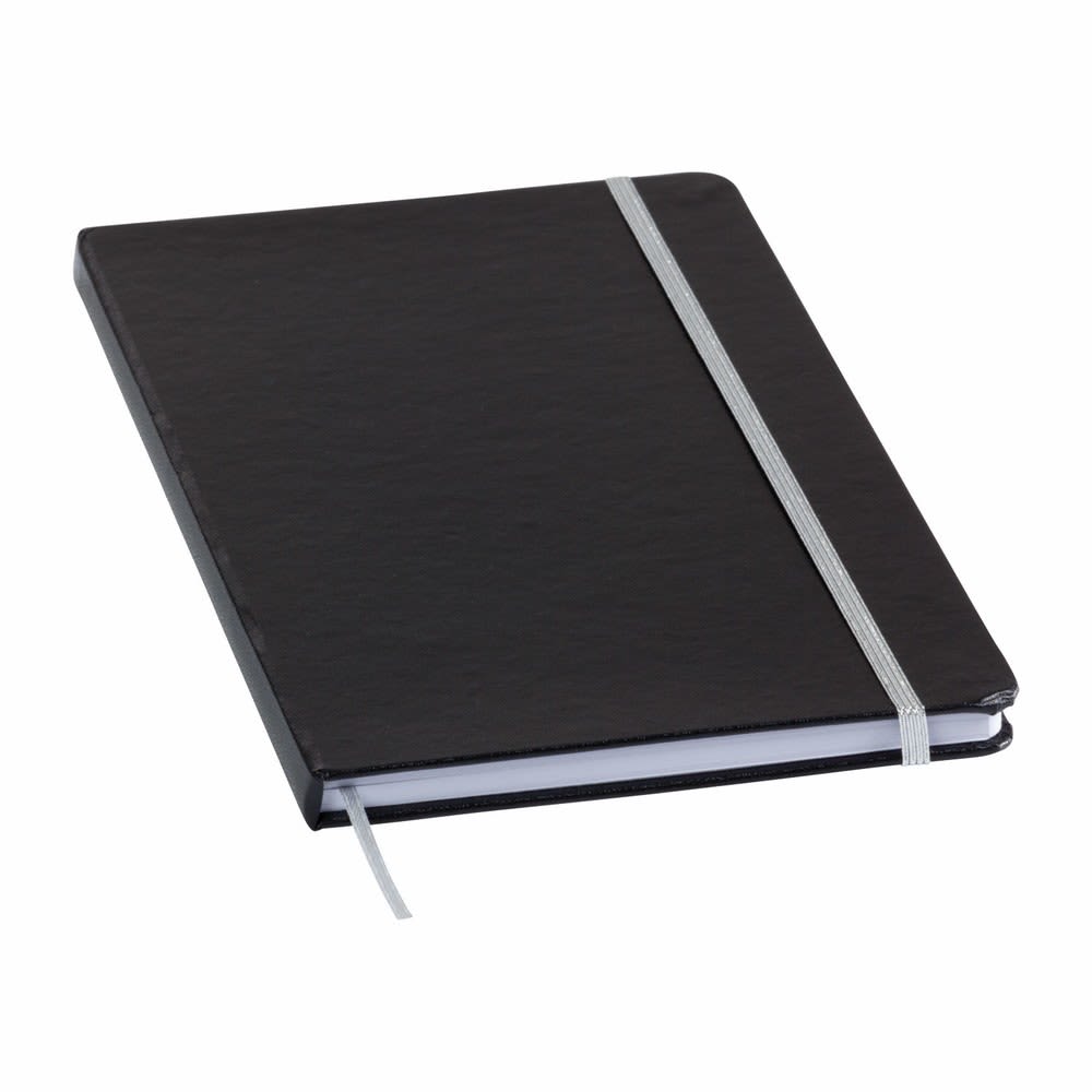 A black Chesterfield notebook with a silver elastic band and a ribbon bookmark. It features a smooth cover and blank pages.