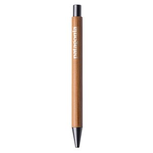 A wooden pen with a black tip. The pen features a logo printed on its body.