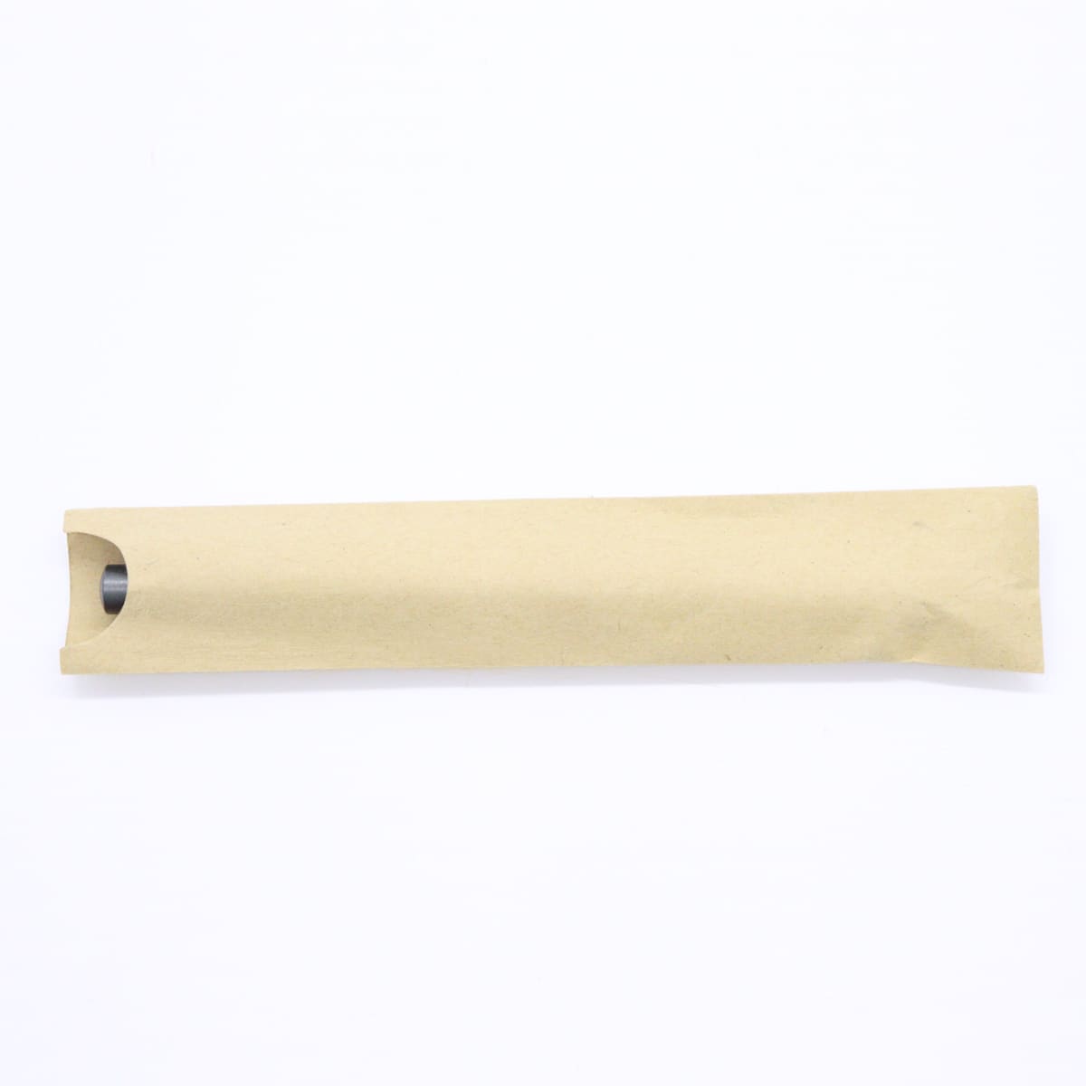 A cylindrical pen covered in brown paper packaging, featuring a metallic tip, and a visible opening.