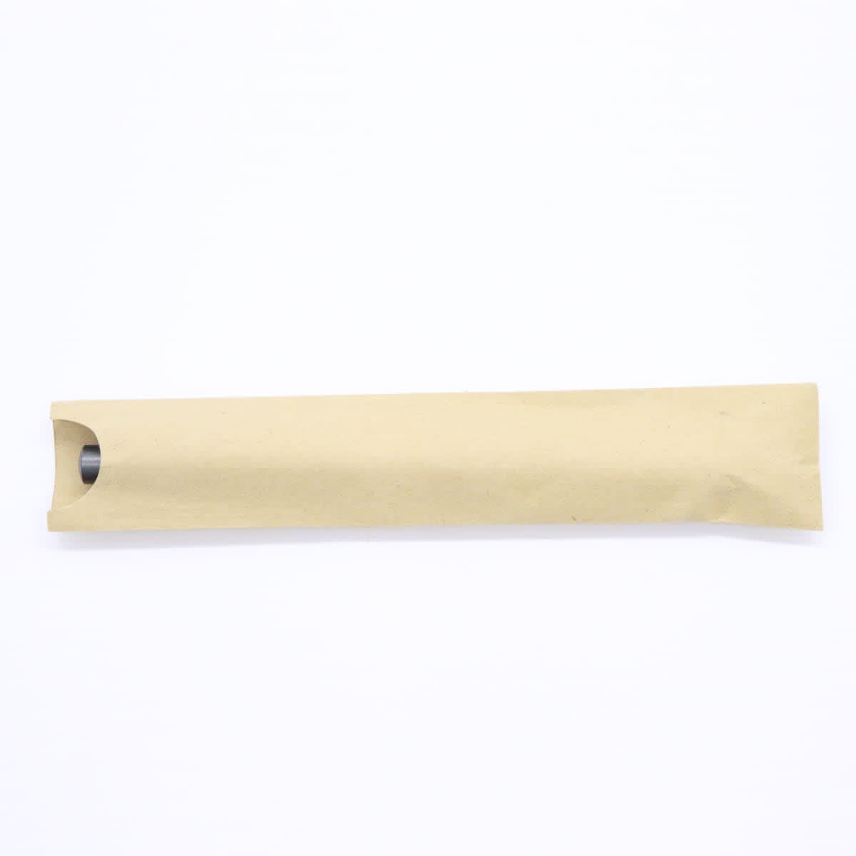 A brown paper packaging tube with a rounded end, containing a pen.