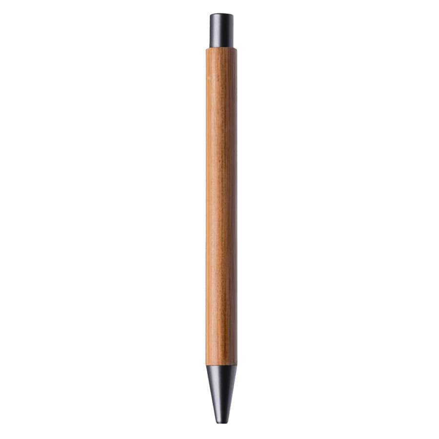 A bamboo pen with a black tip, featuring a sleek and simple design, and a branding logo.