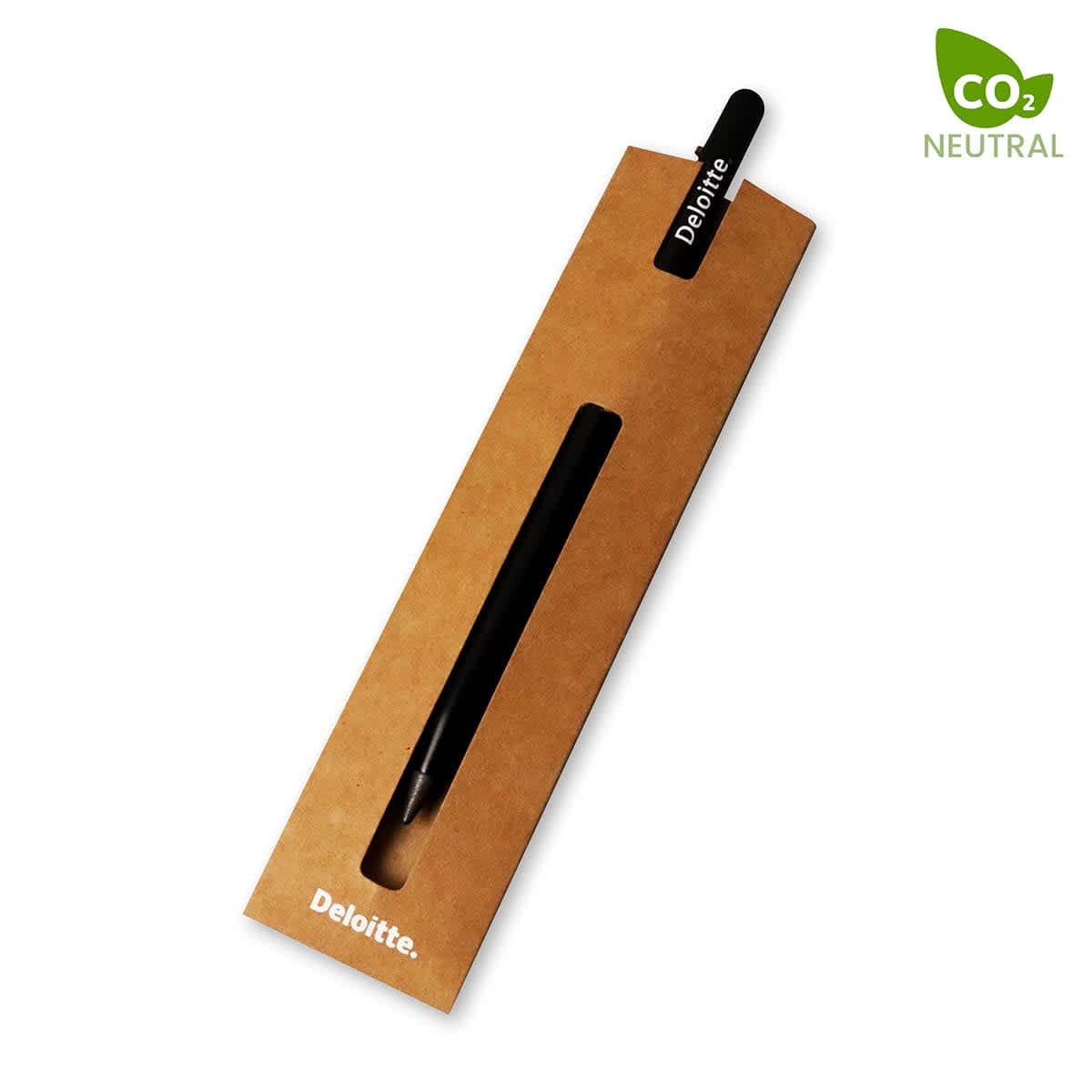 A graphite pencil in a cardboard packaging with a logo, featuring a black pencil and a brown exterior.