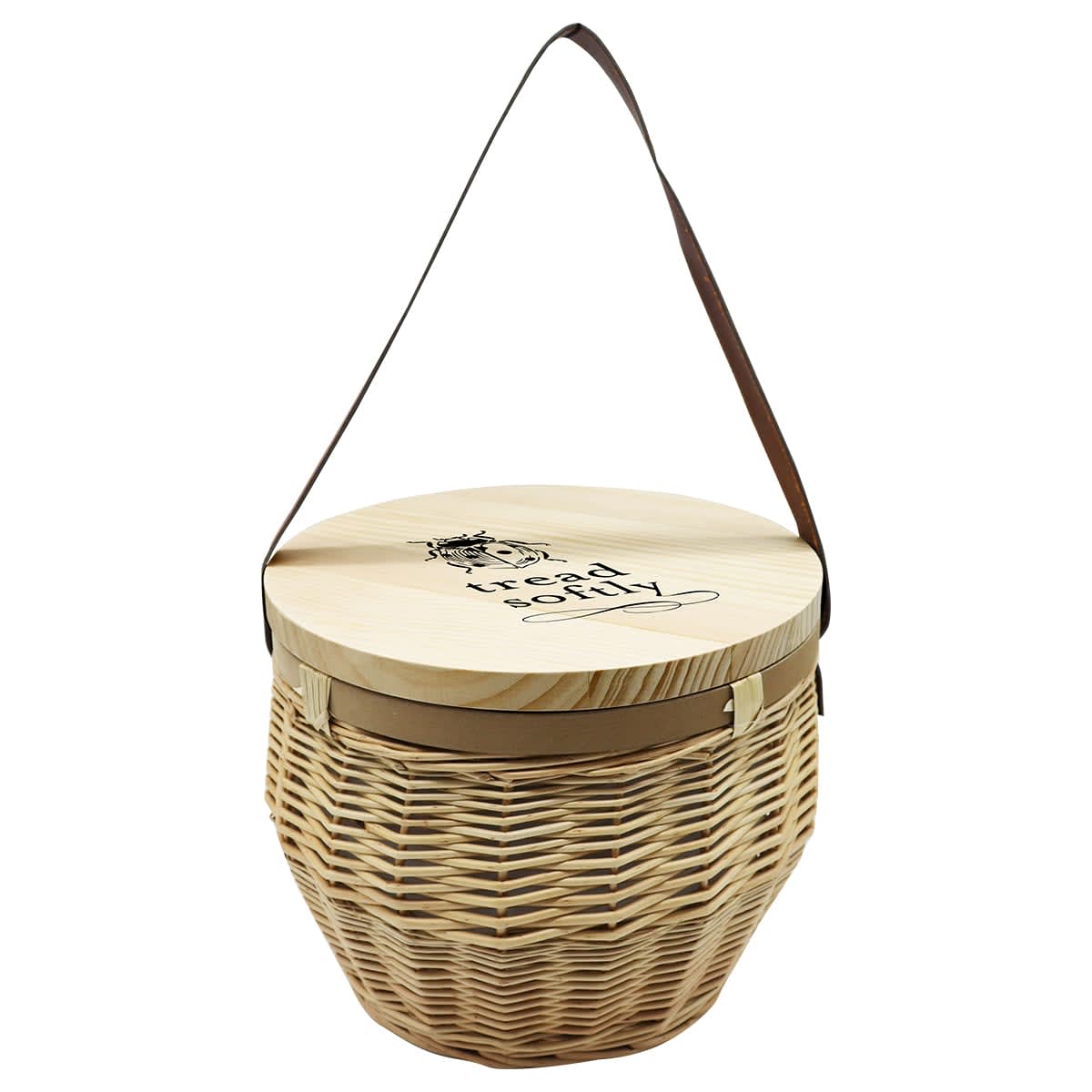 A wooden cooler basket with a circular lid, featuring a woven design and a brown strap for carrying.