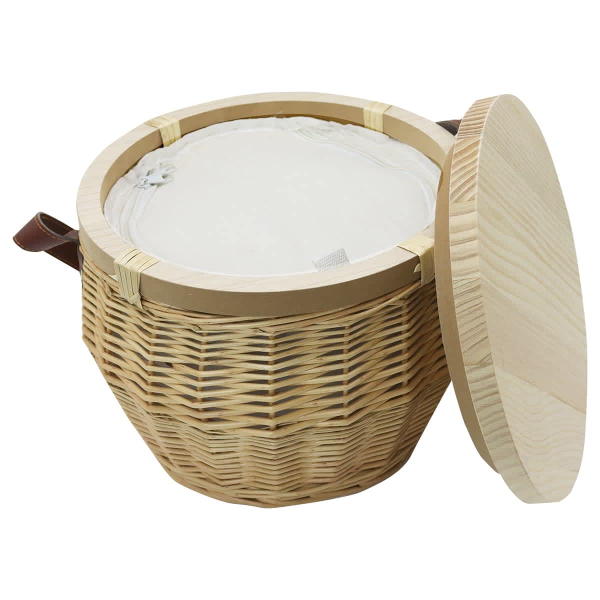A woven cooler basket with a wooden lid and leather handles, featuring a light-coloured interior lining.