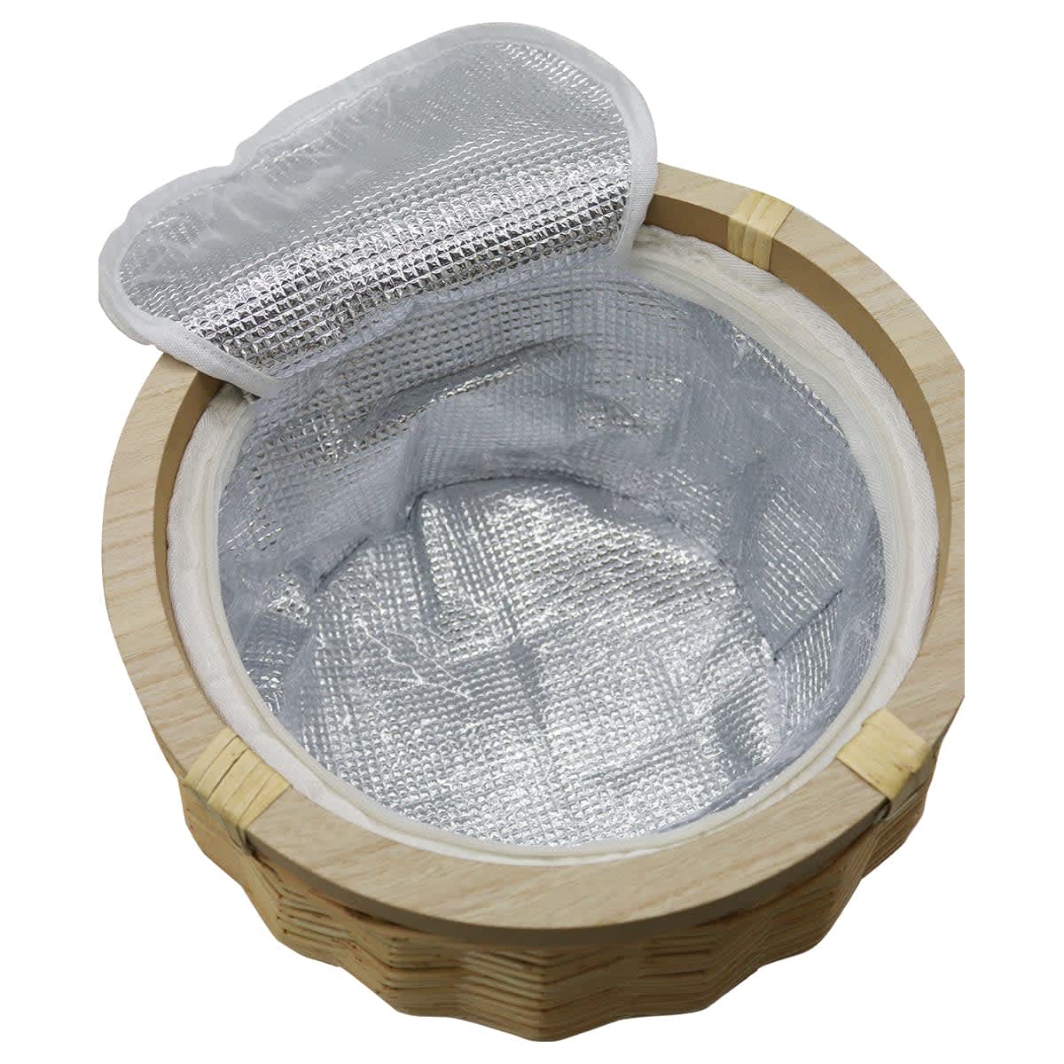 A wooden cooler basket with a silver insulated interior and a removable lid.