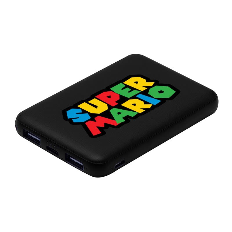 A black power bank featuring a colourful Super Mario logo on its surface. It has multiple charging ports.