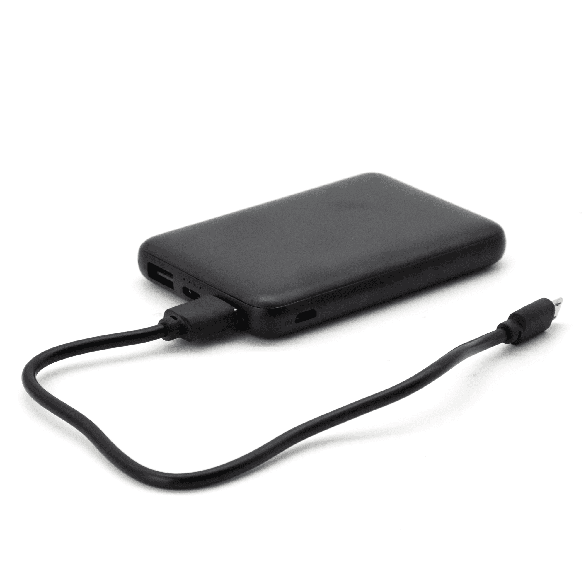 A black power bank with a USB cable attached, featuring a sleek design and a branding logo.