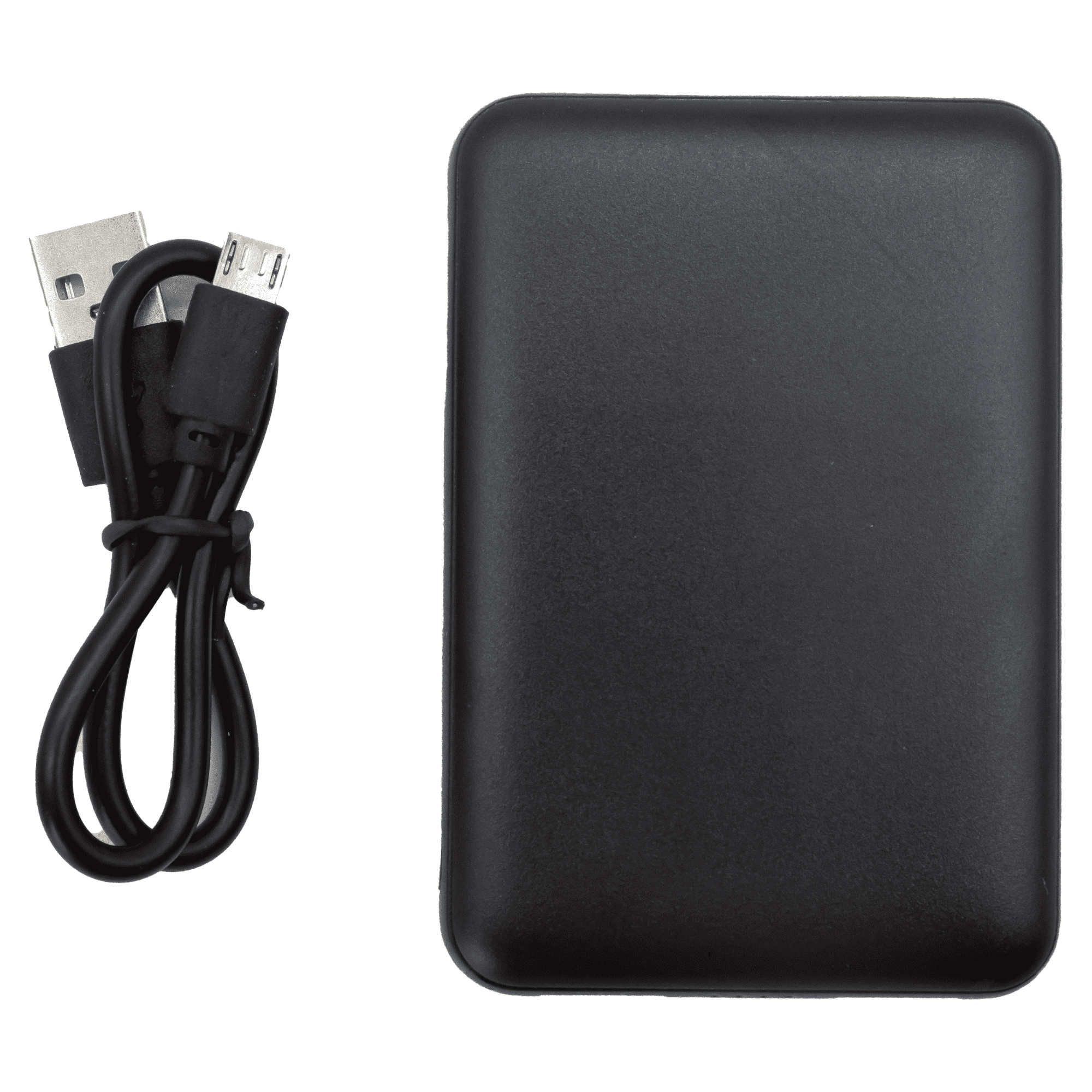 A black power bank with a capacity of 5,000mAh and a USB cable next to it.