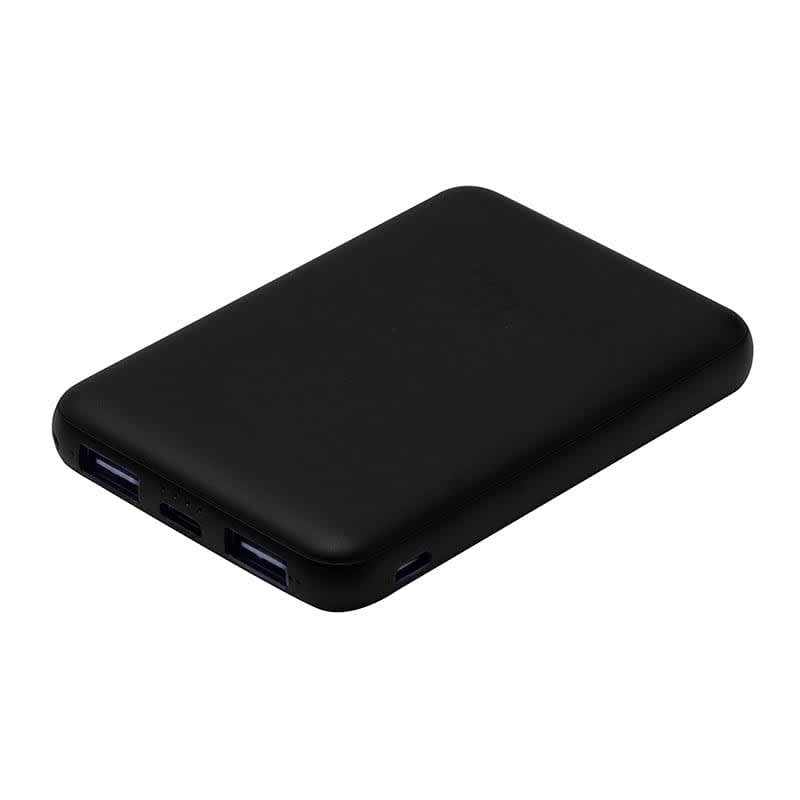 A sleek black power bank with two USB ports, perfect for charging devices on the go.