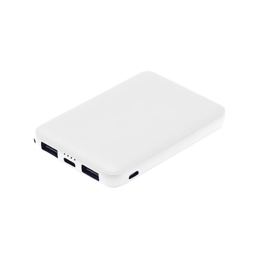 A white power bank with multiple ports and a smooth finish. It has a simple design and is compact in size.