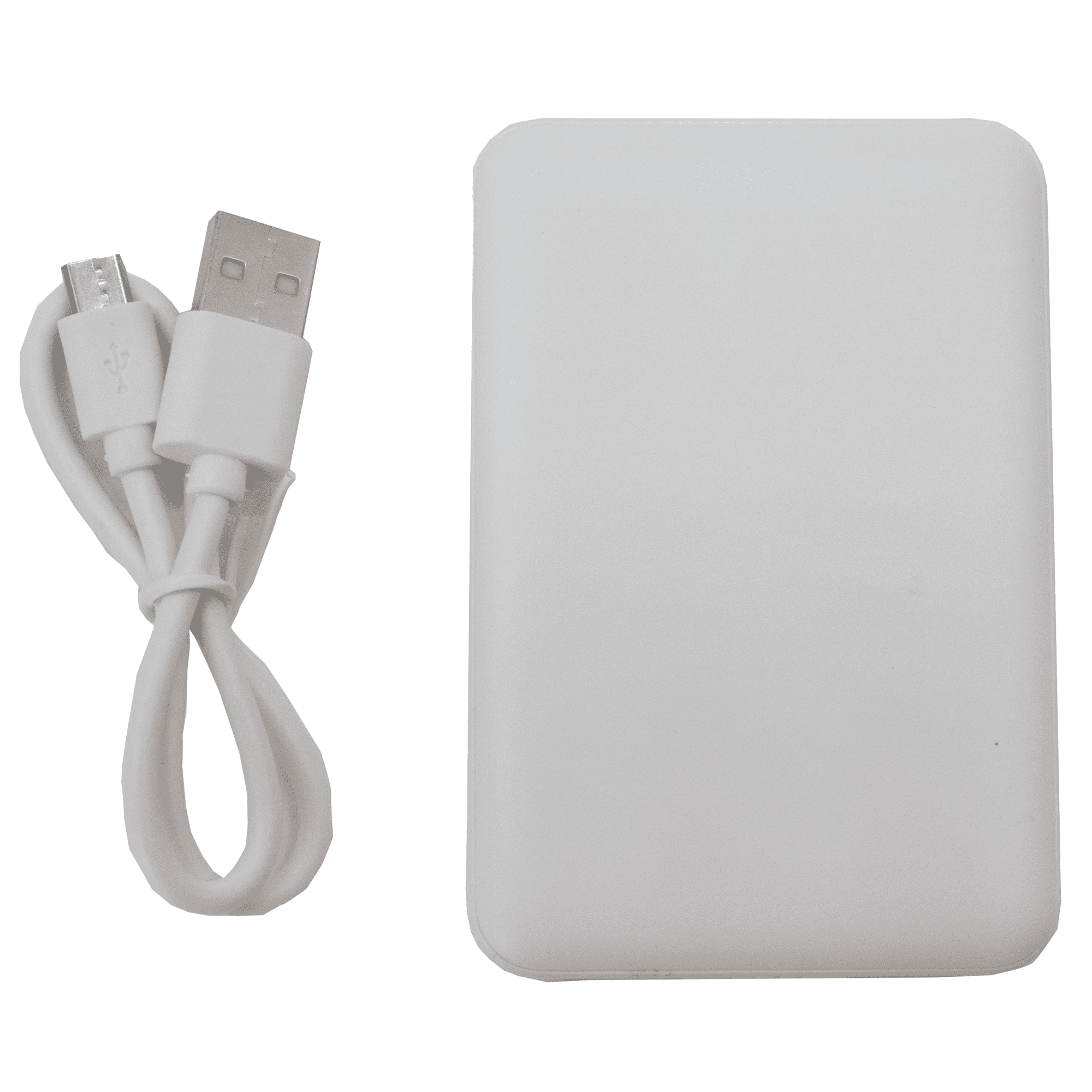A white power bank with a USB charging cable on the side. The power bank has a smooth surface and rounded edges.