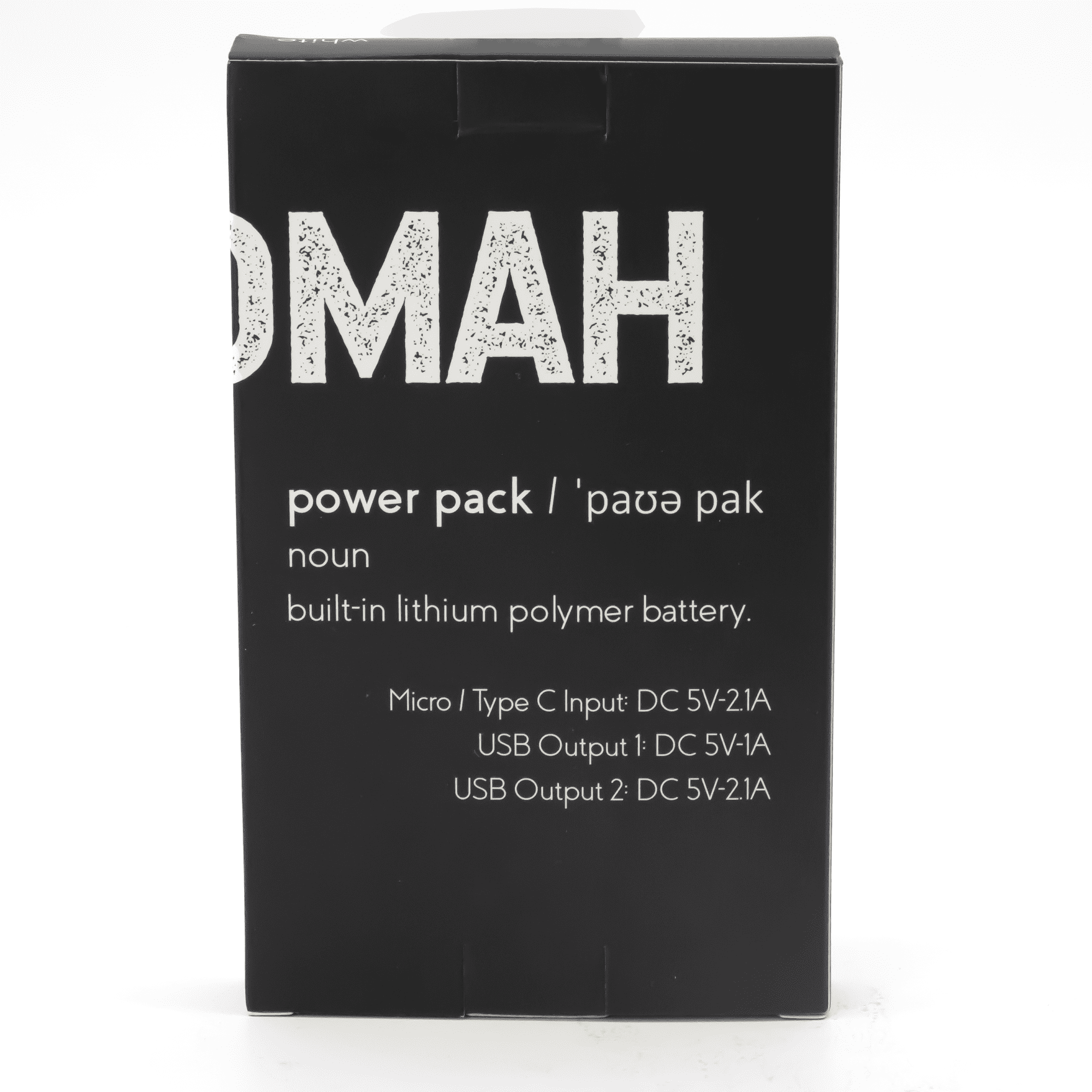 A black power bank packaging with a built-in lithium polymer battery and various input/output specifications.