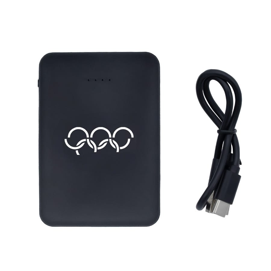 A black 5000mAh powerbank with a logo and a connected USB charging cable.