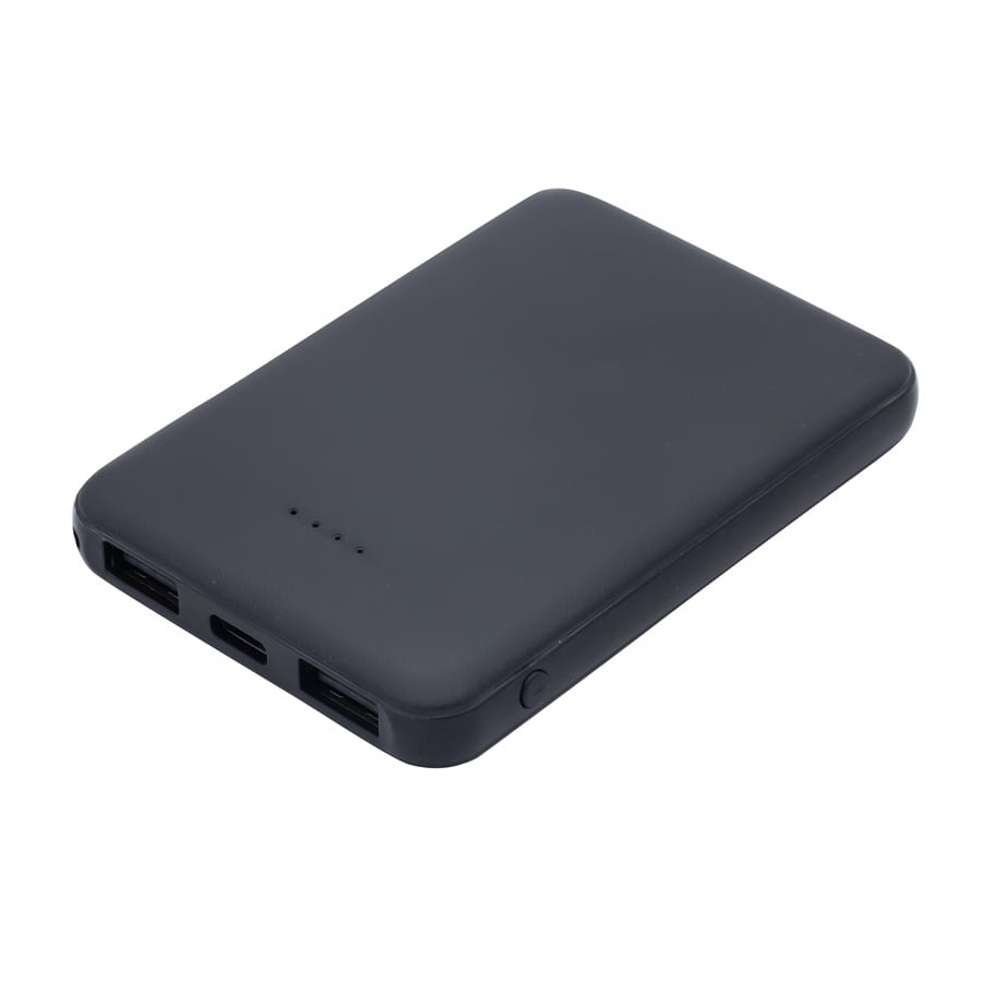 A black 5000mAh powerbank with multiple USB ports and a minimalist design, featuring a logo on the side.