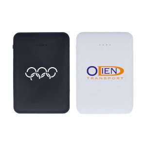 A black and white powerbank with a logo on each side, featuring a sleek design suitable for technology use.
