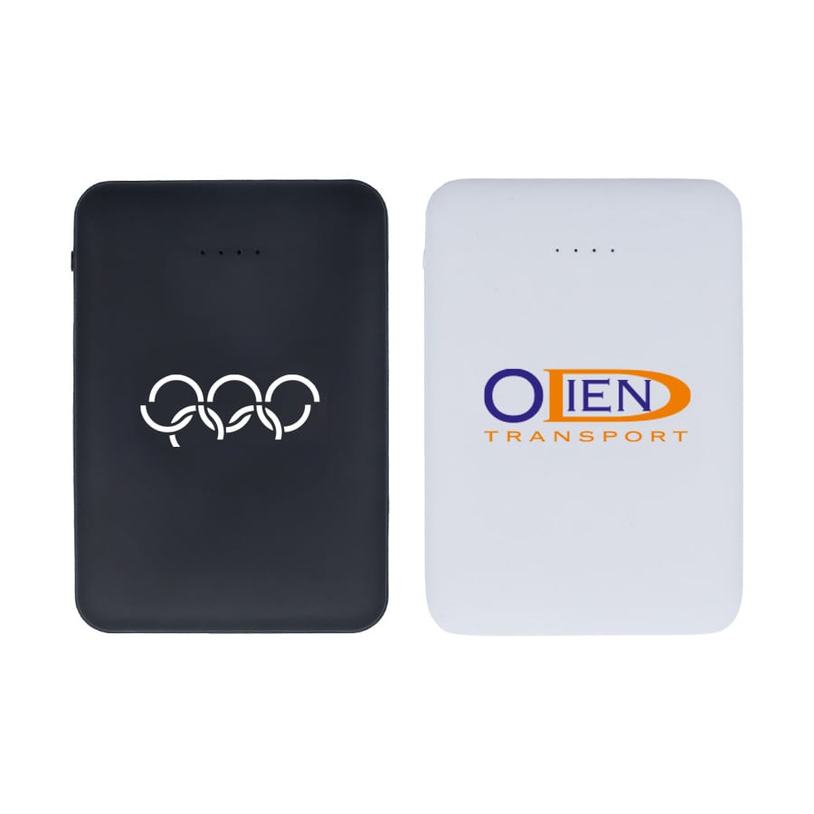 A black and white powerbank with a logo on each side, featuring a sleek design suitable for technology use.