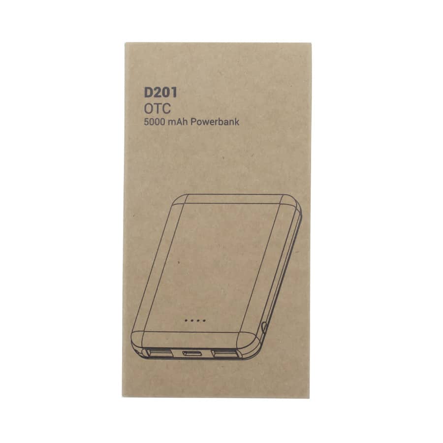 A 5000mAh power bank in a plain cardboard box, featuring a design outline and a logo.