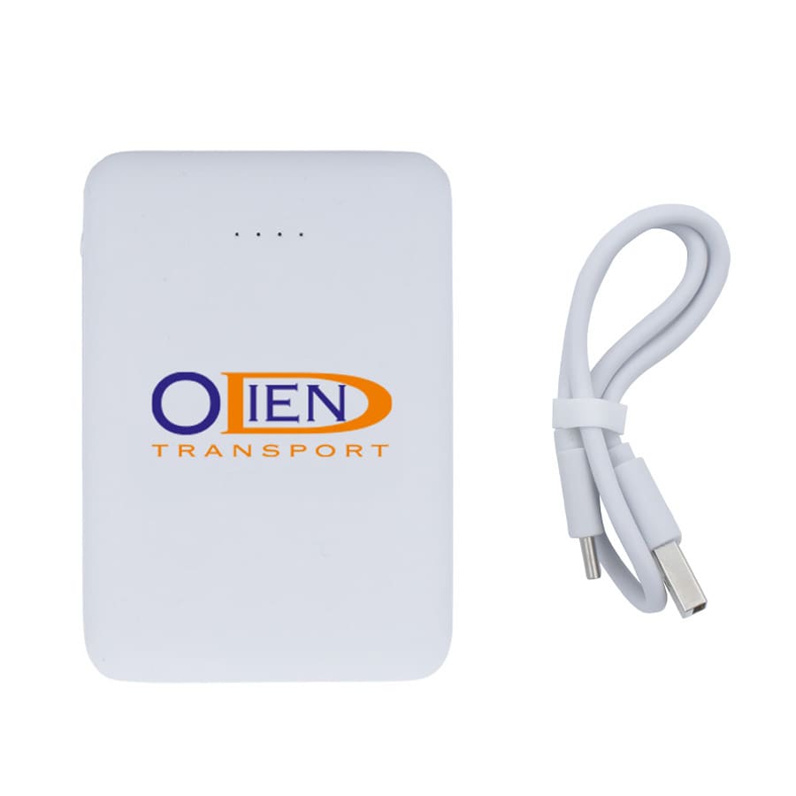 A white 5000mAh power bank with a logo and a white charging cable next to it.