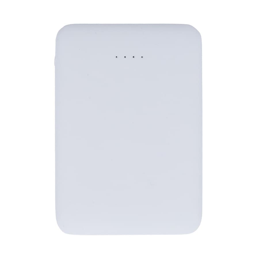 A white power bank with a smooth surface and four indicator lights on the top.