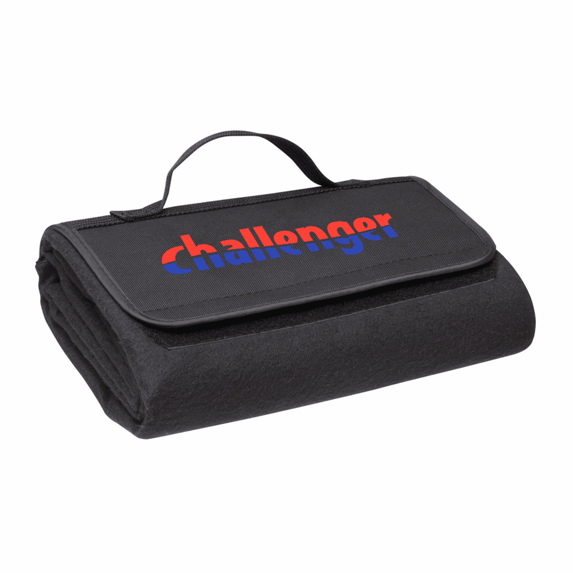 A black polar fleece picnic rug with a carry handle and a logo on the surface.