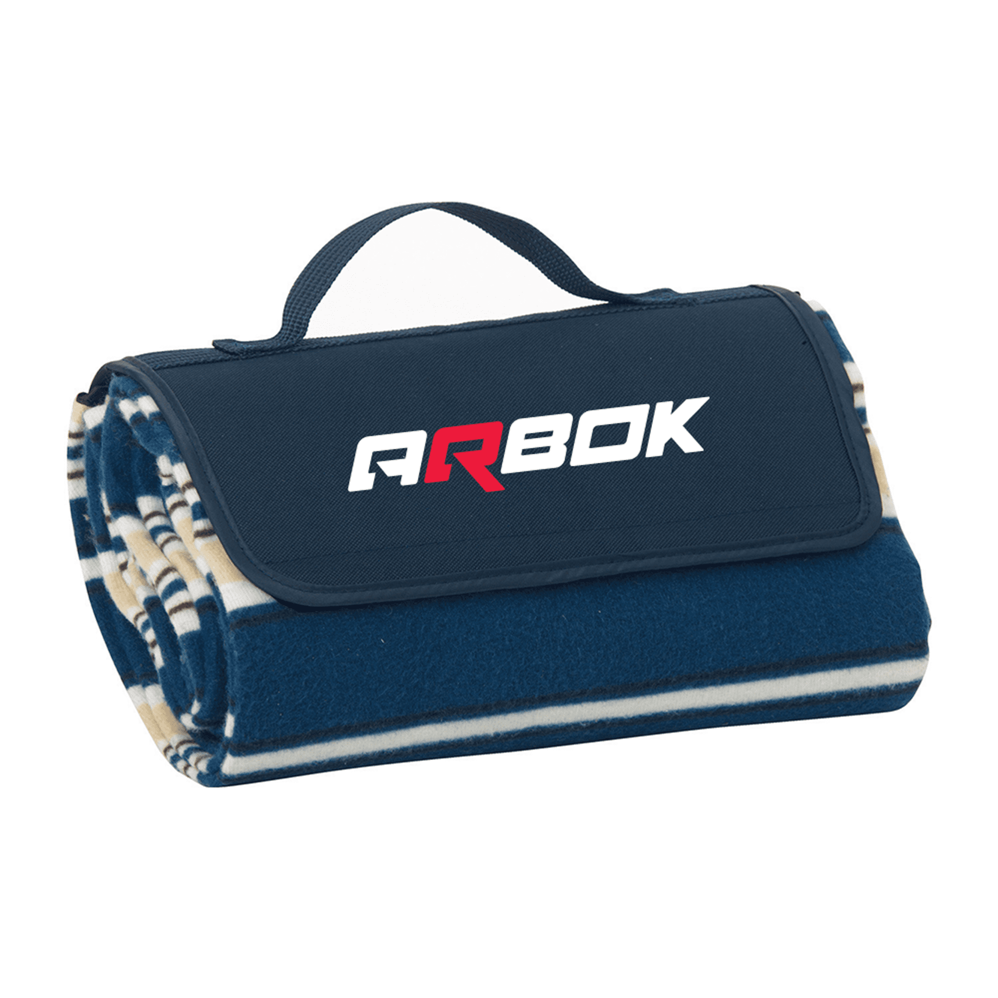 A folded navy blue polar fleece picnic rug with beige and white stripes, featuring a logo on the front.
