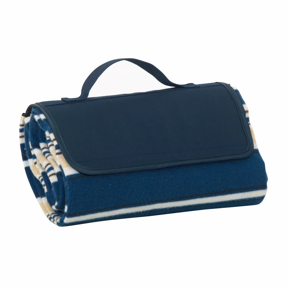 A rolled-up polar fleece picnic rug in blue with a cream and navy striped pattern, featuring a durable carry handle.
