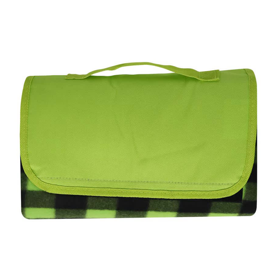 A green picnic blanket with a black and green checkered pattern, featuring a fold-over flap and carrying handle.