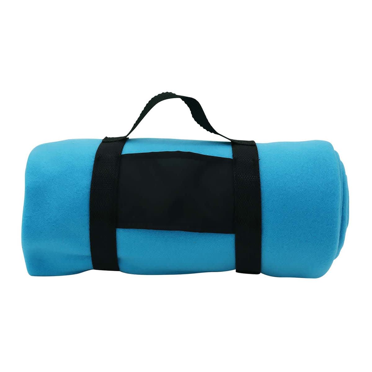 A rolled blue blanket secured with a black strap, featuring a handle for easy carrying.