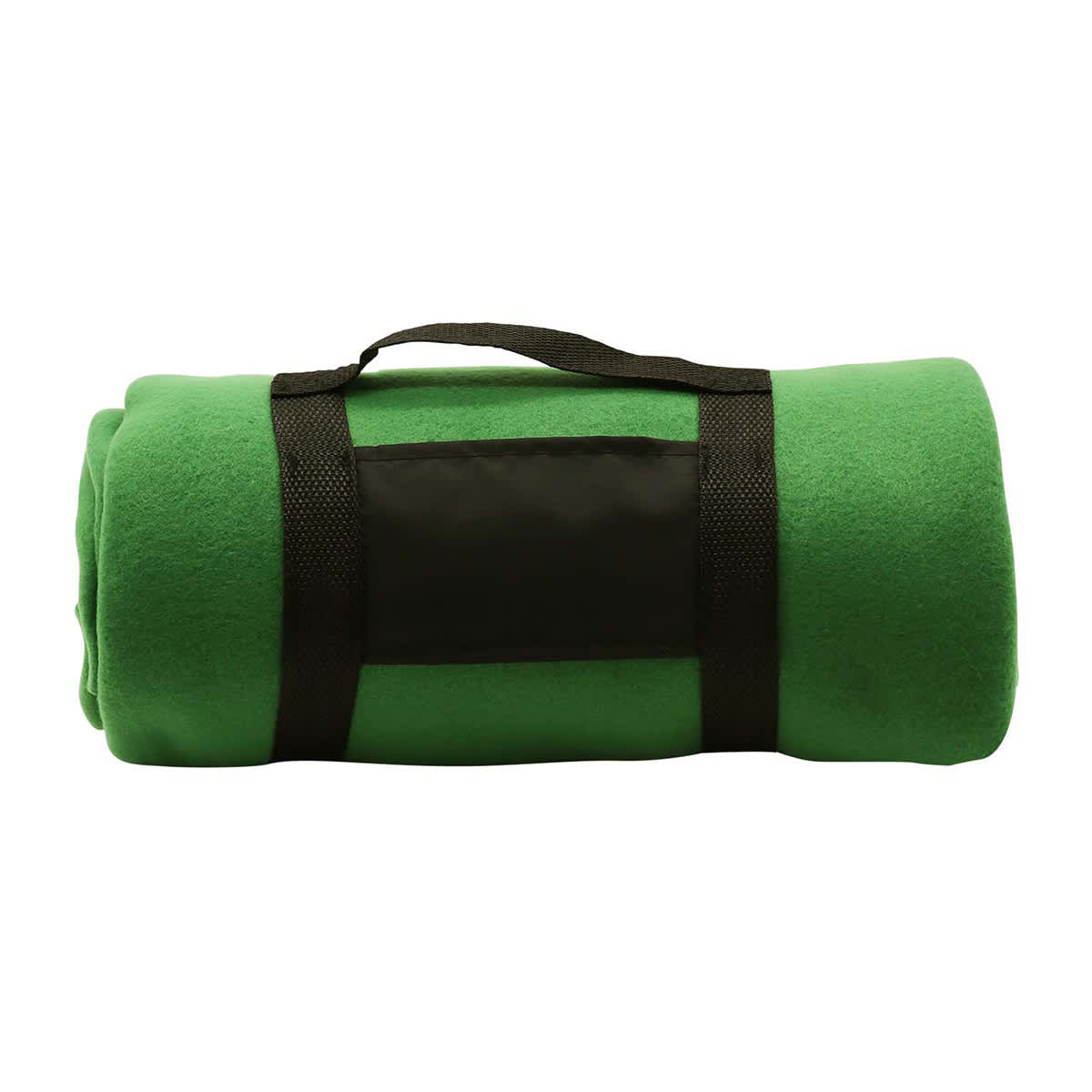A green fleece blanket rolled up and secured with a black strap. The blanket has a logo on the side.