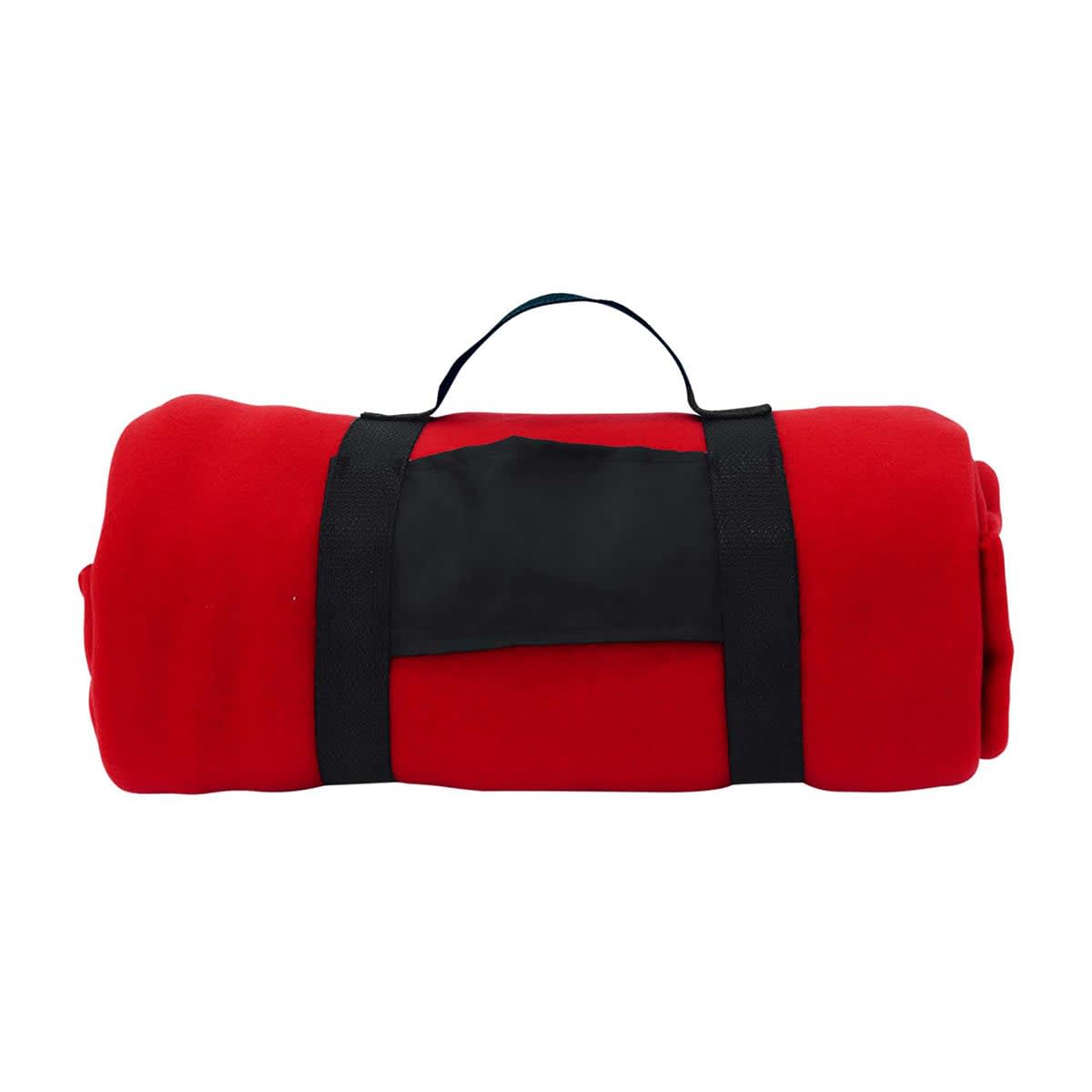 A red blanket rolled and secured with black straps, featuring a carry handle for portability.