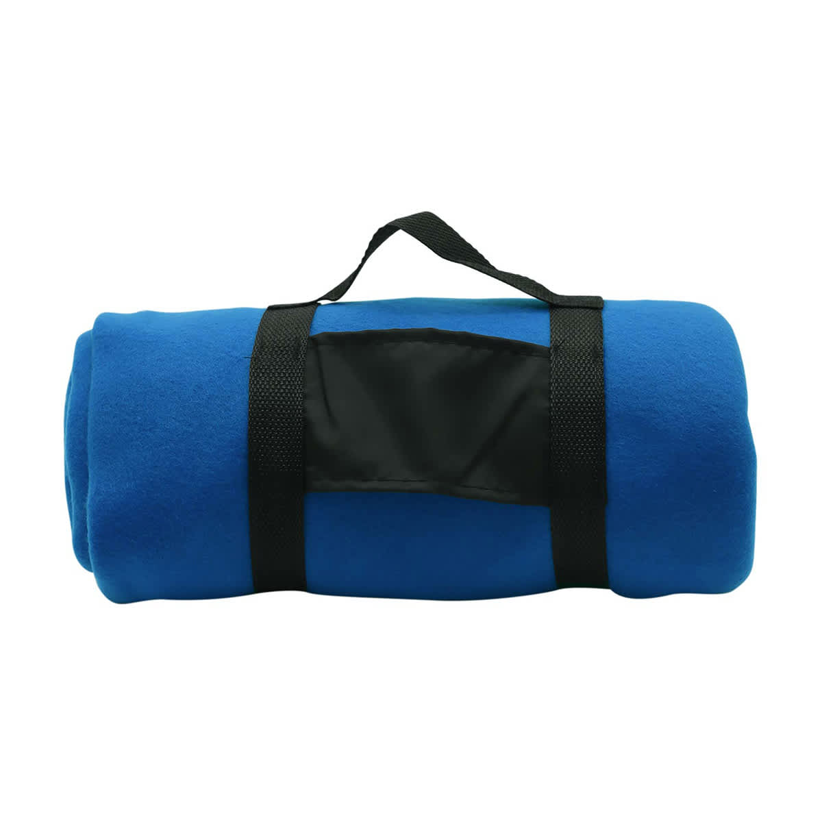 A rolled-up blue blanket secured with black straps, featuring a black panel, showcasing its soft texture.