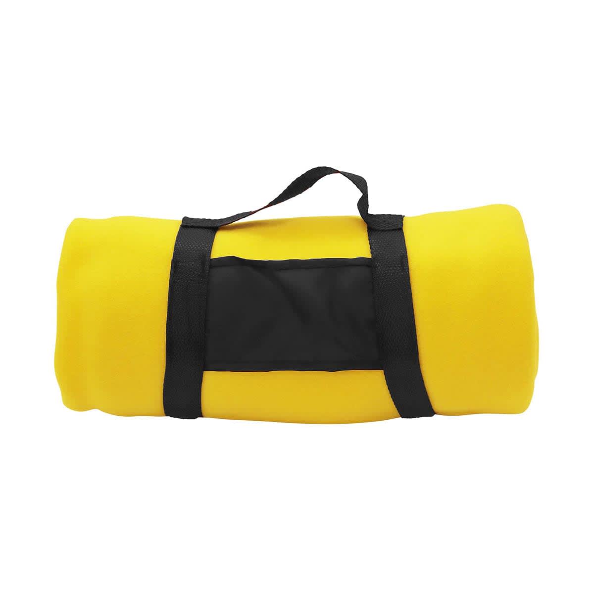 A rolled yellow blanket secured with black straps, featuring a branded logo on the side.