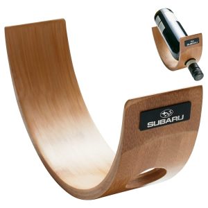 A curved wooden wine holder in a light brown finish, featuring a logo on one side.