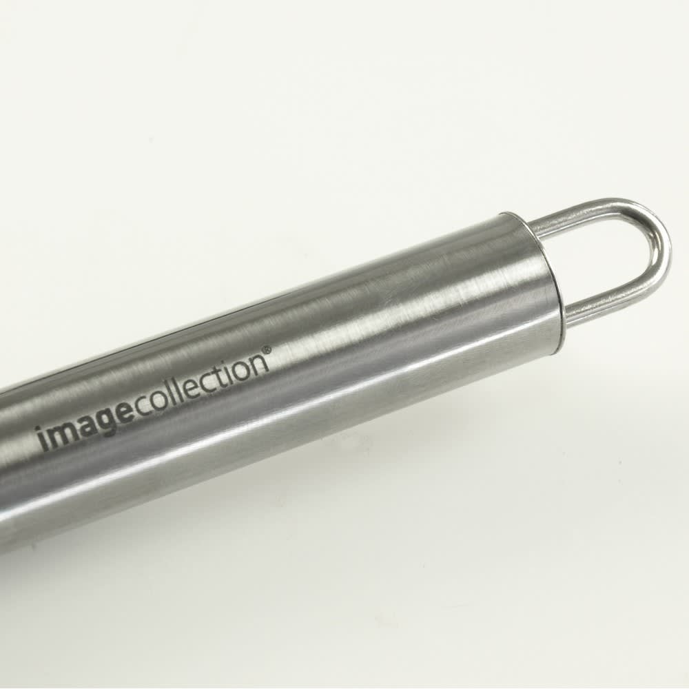A stainless steel BBQ tool featuring a hanging loop and branded with a logo.