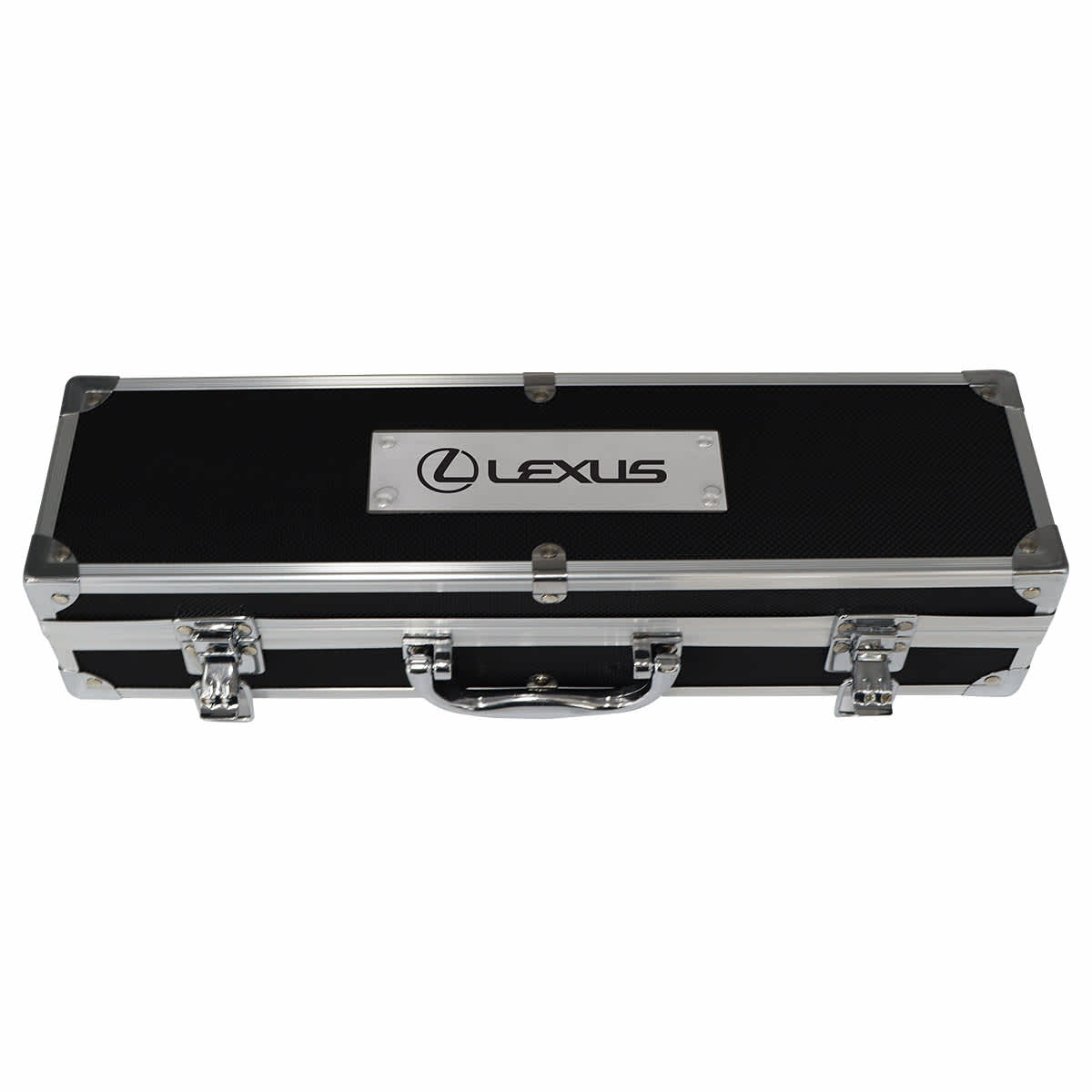 A sleek black deluxe case with silver accents, featuring a logo on the top.