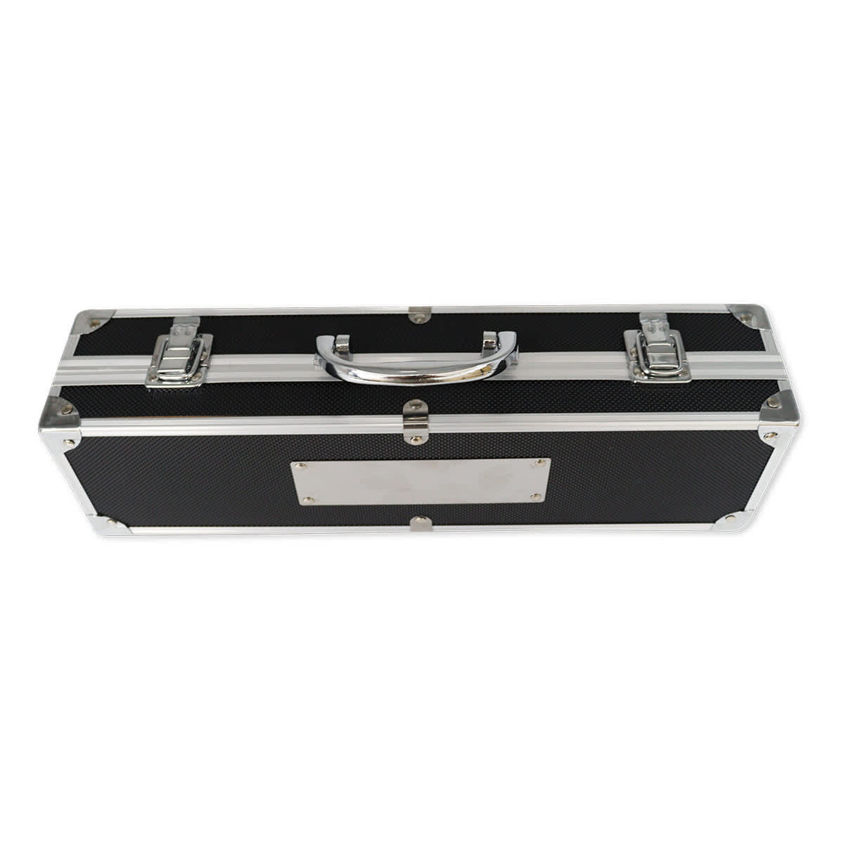 A black deluxe case with silver accents, featuring a handle and dual clasp closures.