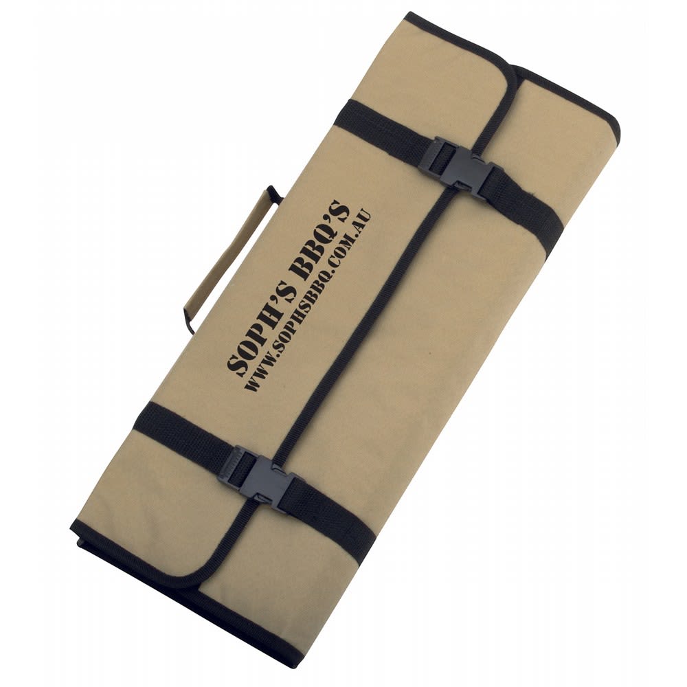 A beige tri-fold BBQ set with straps, featuring a handle for easy carrying. It includes branding on the surface.