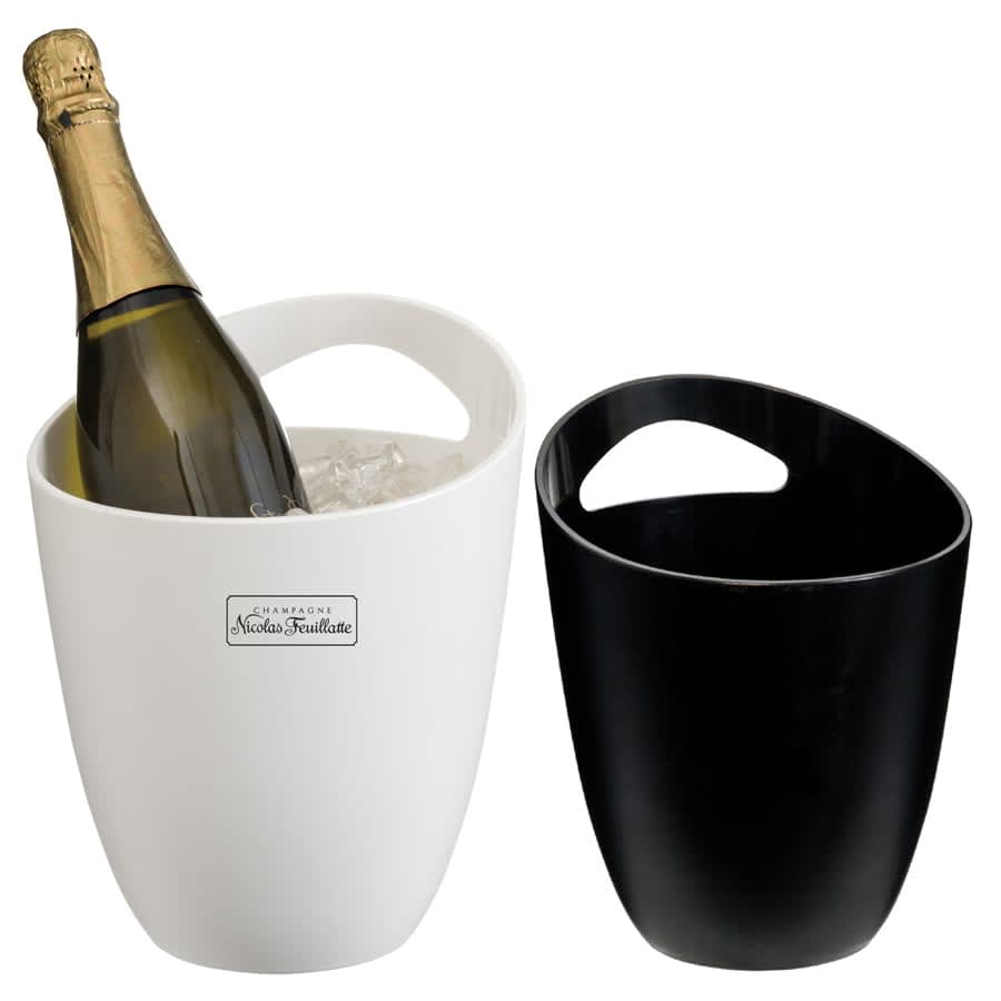 A white and a black ice bucket featuring handles, each containing a bottle and ice.