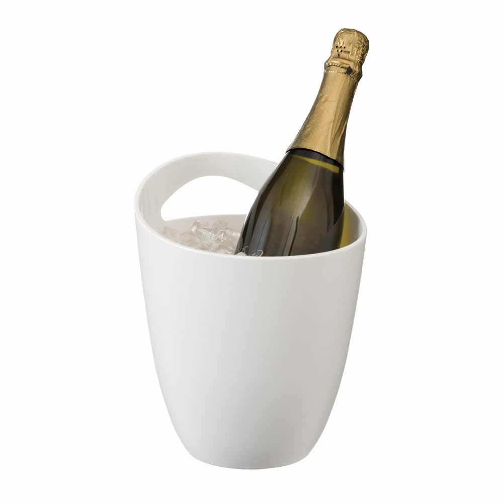 A white ice bucket containing a champagne bottle and ice, featuring a handle for easy carrying.