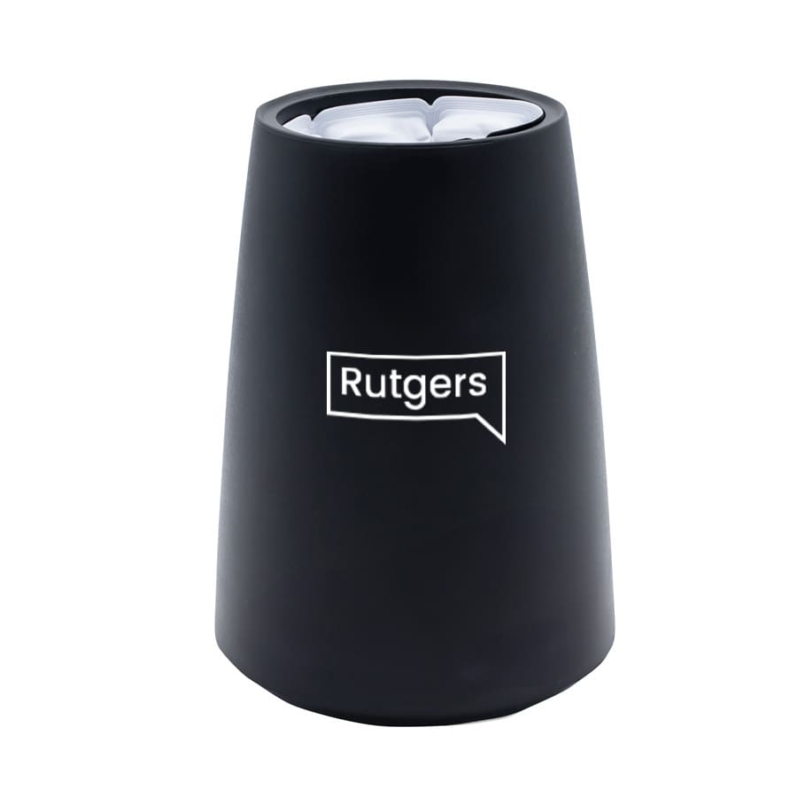 A black ice bucket with a sleek design, featuring a reflective inner surface and a logo.