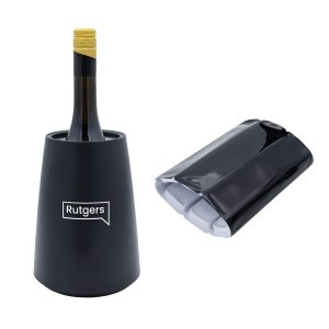 A black wine cooler with a sleek design, featuring a drink bottle inserted inside and a logo on the front.