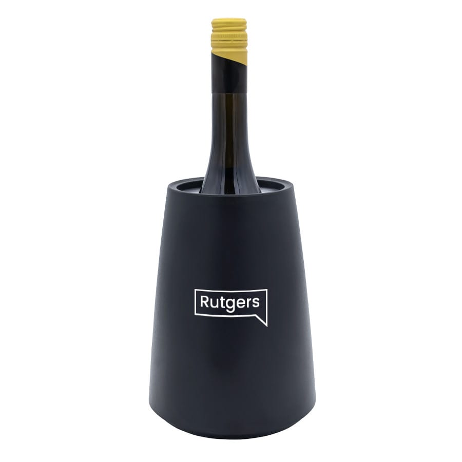 A black Catalina Wine Cooler with a sleek design and a glossy base. It features a logo on its surface.