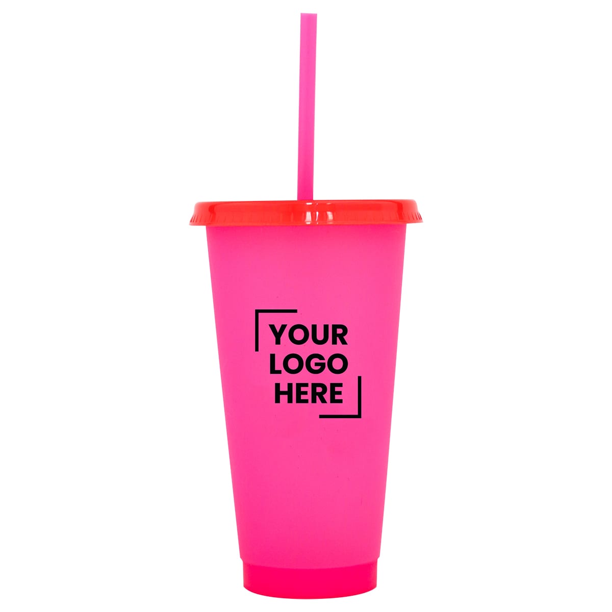 A drink bottle in vibrant pink with a contrasting red lid and straw, featuring a logo design.