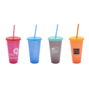 A selection of four plastic cups in various colours, each with a straw and a logo.